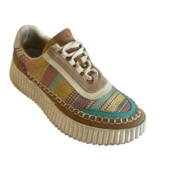 Dolce Vita Dolen Womens Sz 8 Woven Knit Suede Raffia Tan Multi Platform Sneakers - Picture 1 of 12